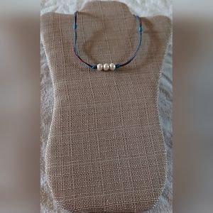 New Handmade White 3 Pearl & Red & Blue 2-Strand Leather Necklace